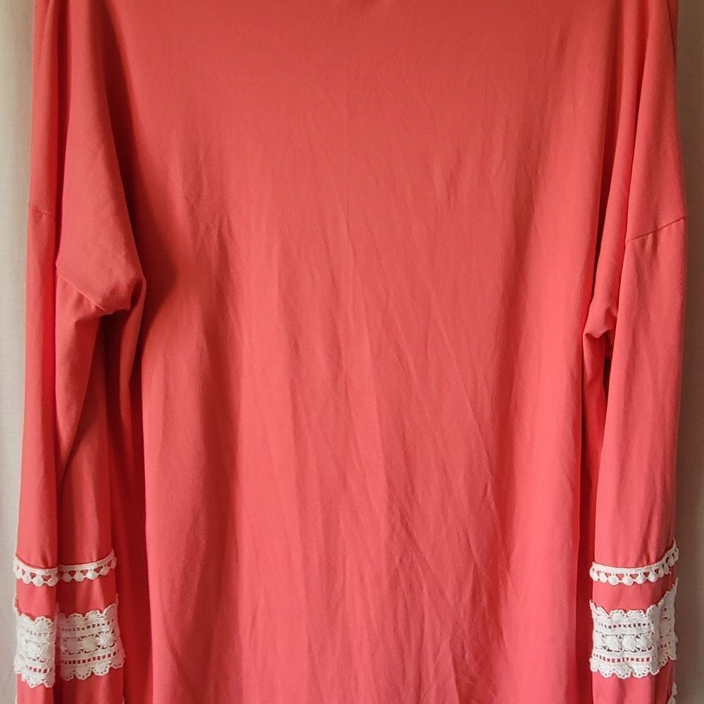 Lovely Melody top Coral NEW Boutique Small BOHO stretchy crochet arms flowy NWOT - Picture 9 of 12